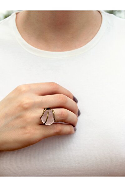 esha Doğal Taş Pembe Kuvars Dev Boy Doğal Taşlı Ayarlanabilir Yüzük