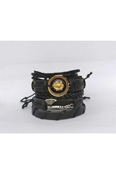 BSN Store Gold Color Lion Scandinavian Axe with Viking Figure 5 Pieces Genuine Leather Bracelet