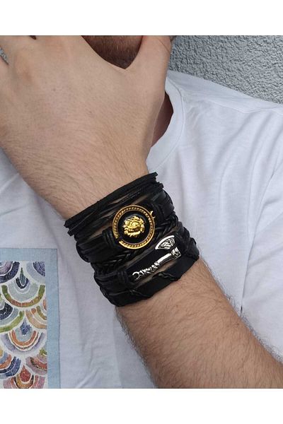 BSN Store Gold Color Lion Scandinavian Axe with Viking Figure 5 Pieces Genuine Leather Bracelet