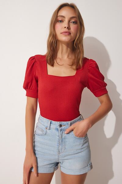 Happiness İstanbul Női Vörös tér galléros ballon ujjú kötött blúz DD01051