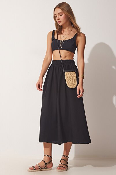 Happiness İstanbul Schwarzer ausgestellter Rock aus Webstoff mit Taschen für Damen MC00195