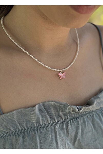 takıtarzım Kum boncuk sedef kelebek toz pembe kadın kolye