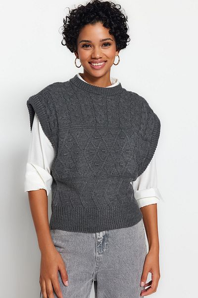 Trendyol Collection Anthracite Self Patterned Crew Neck Knitwear Sweater TWOAW21BZ0447