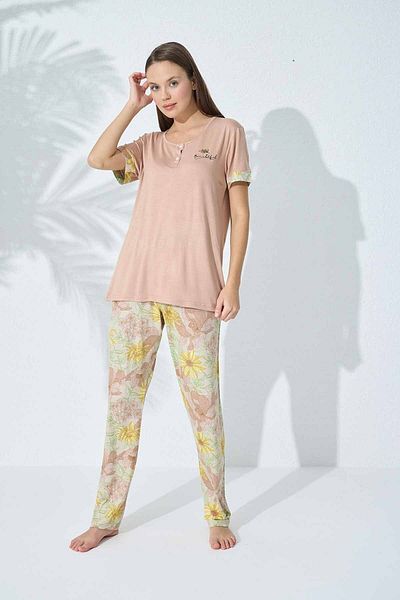 Siyah İnci Beige patterned buttoned Viskn Pajama Set