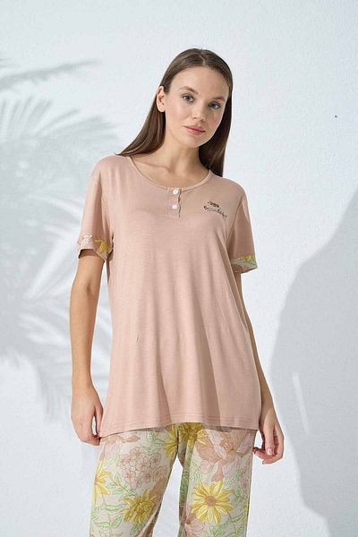 Siyah İnci Beige patterned buttoned Viskn Pajama Set