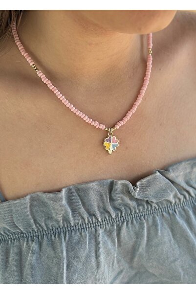 takıtarzım Kadın yonca toz pembe mineli kum kolye