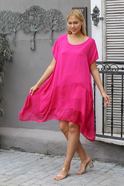 Chiccy Ιταλικό Φούξια Πλεκτό Φόρεμα με λαιμόκοψη με χαμηλό μανίκι