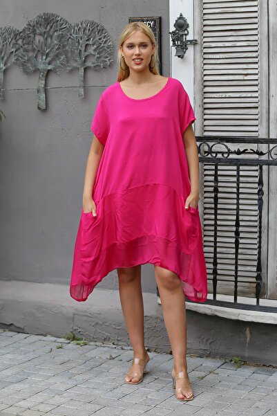 Chiccy Ιταλικό Φούξια Πλεκτό Φόρεμα με λαιμόκοψη με χαμηλό μανίκι
