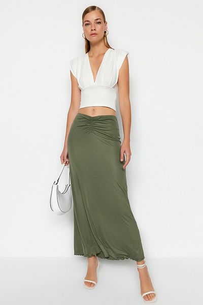 Trendyol Collection Хакі матова спідниця максі стрейч-орме TWOSS23ET00370