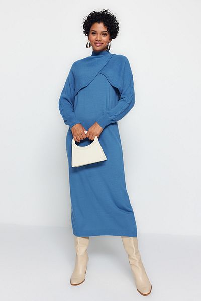 Trendyol Modest Pletená souprava Indigo Dress Set - Bolero Detailed TCTAW24US00038