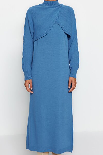 Trendyol Modest Pletená souprava Indigo Dress Set - Bolero Detailed TCTAW24US00038