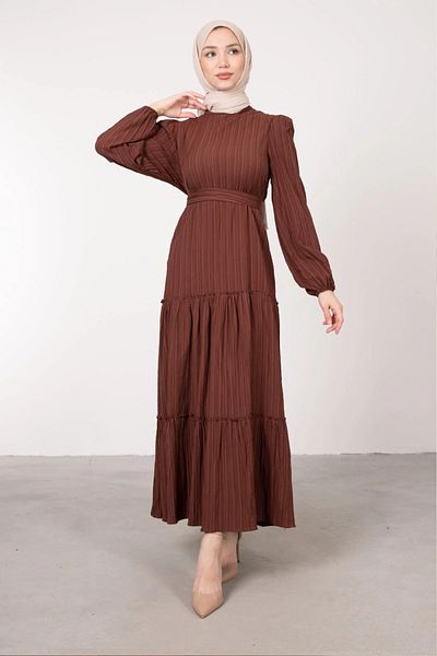 Swana Wrinkled Fabric Detailed Belted Hijab Dress Brown
