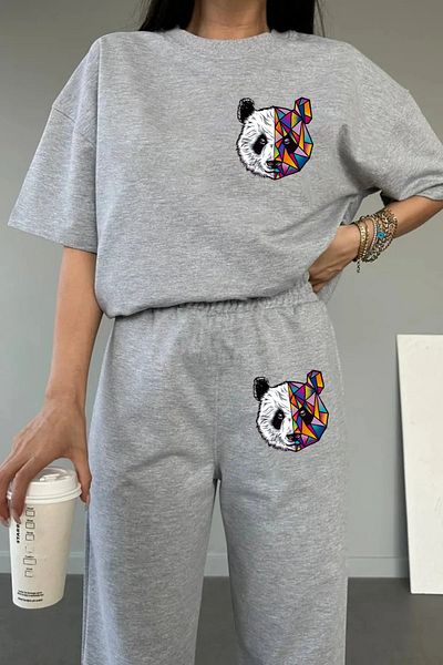 aynewmoda Set de trening pentru jogger cu gât crew cu imprimeu panda