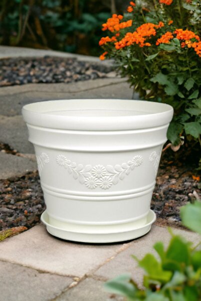 Melkan Home Antik Papatya Desenli Beyaz Saksı 7,3 Litre