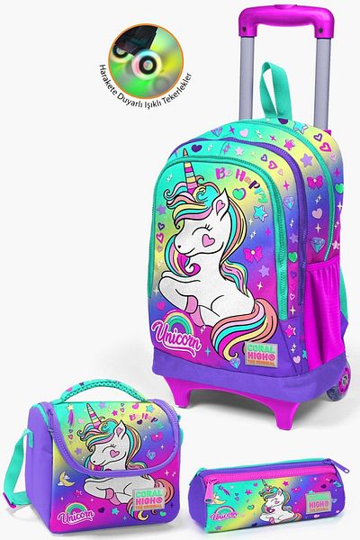Coral High Geantă cu model unicorn verde apă lavandă - Set școlar 3 piese SET0123929