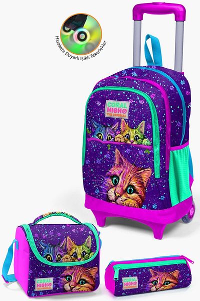 Coral High Set de geanți de școală cu model pisică roz mov cu racletă 3 piese SET0123932