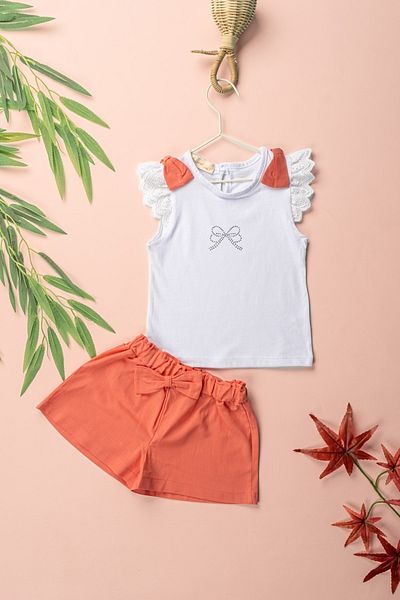 Novy Baby Bow Scallop Sleeve Stone Printed T-shirt Bow Shorts Girl's 2-Piece Set - 2-5 Years