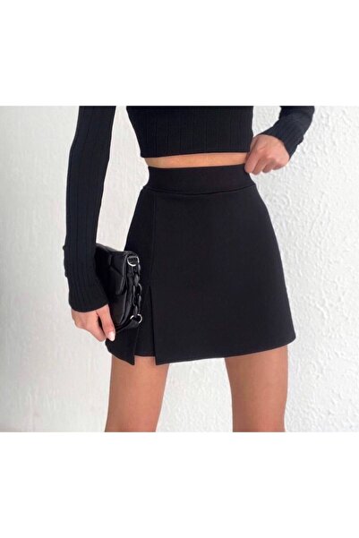 La Lune Boutique KADIN SİYAH YIRTMAÇ DETAYLI ŞORT ETEK