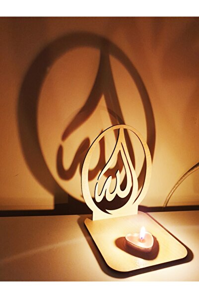 GİZEM SHOP Masaüstü 2'li Akçaağaç Allah Muhammed Yazılı Mumluk Lazer Kesim Bi...