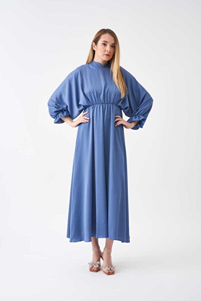 Mevra Beli Lastikli Abiye Elbise İndigo