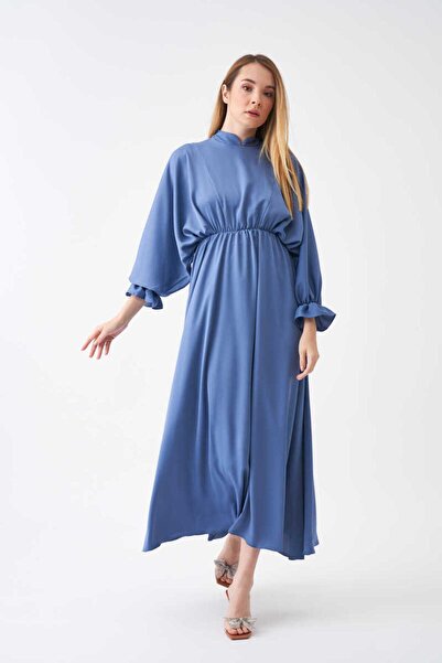 Mevra Beli Lastikli Abiye Elbise İndigo