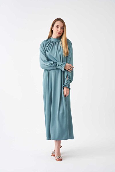 Mevra Kolu Fırfırlı Abiye Elbise Mint