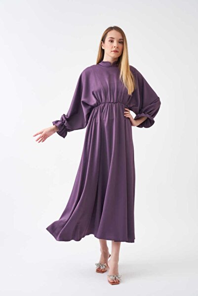 Mevra Beli Lastikli Abiye Elbise Lila