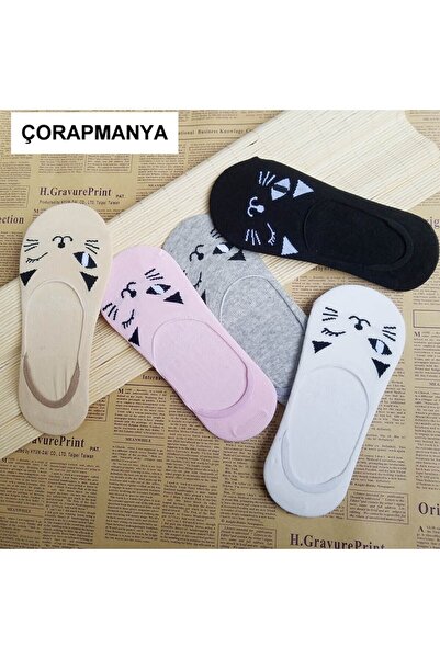 çorapmanya 5 Çift Sevimli Çok Renkli Kedi Karikatür Desenli Kadın Babet Çorap
