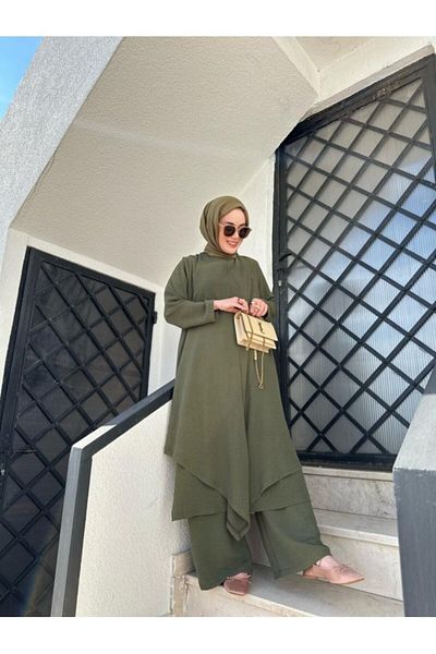 NS Moda Women's Asymmetrical Tunic Trousers Set Khaki Model-495