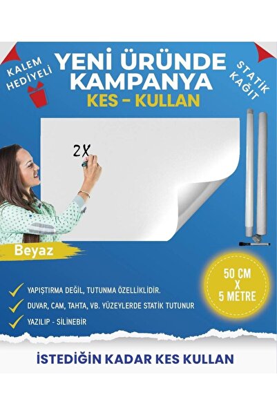 TutturX Beyaz 50x500 Cm Statik Akıllı Kağıt Tahta Kalem Hediyeli