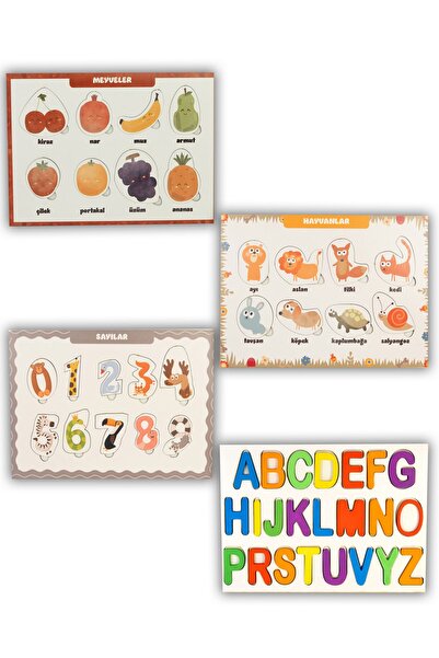 Capellawoodworks 4'ü Bir Arada Bultak Puzzle Oyunu Ahşap Alfabe Meyve Rakam H...