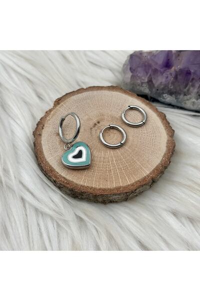 Opia Takı & Aksesuar مجموعة أقراط متعددة متدلية على شكل قلب أخضر من الفولاذ