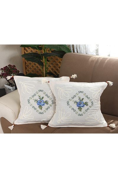 Yavuz Tekstil Cross Stitch Embroidered 2-Piece Throw Pillow Cover Rose Bunch-blue Color