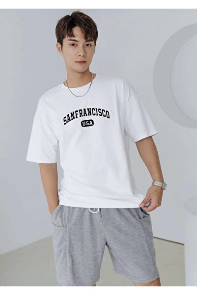 DEEPSENCE Unisex White Oversize T-shirt San Francisco Front Printed