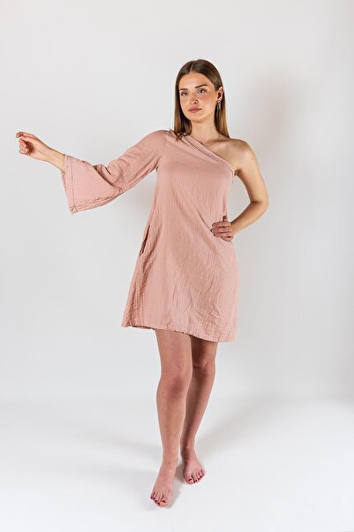 Zeliha Baysan Women's Muslin Summer Women's One Shoulder Pink Dress