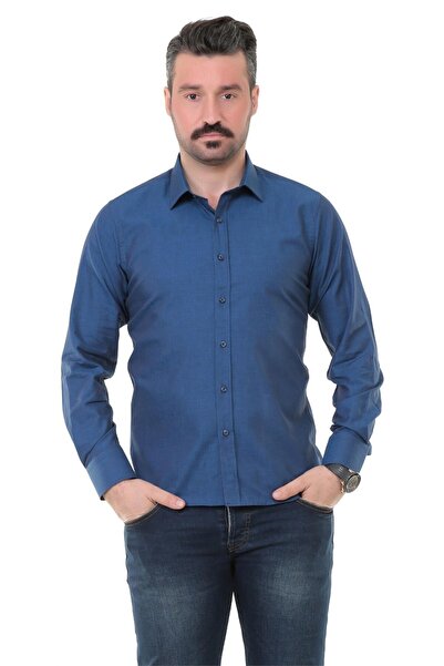 Erkek Petrol Mavi Sry Denim Slim Fit Uzun Kol Gömlek