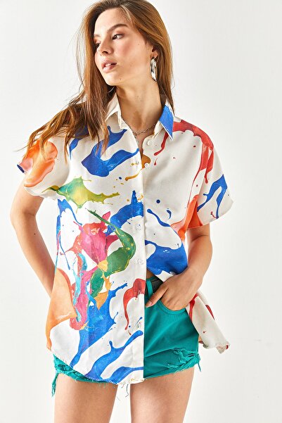 Olalook Női akvarell Saks kék denevér vászon kevert ing GML-19001121