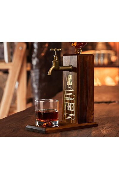 Bk Gift Aynalı Altın Kabartma Musluklu Doğal Ceviz Ahşap Viski Standı, Home B...