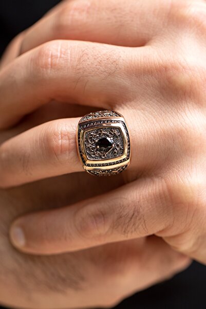 Cenova Jewelry 14 Ayar Altın Siyah Taşlı Ejderha Figürlü Erkek Yüzük