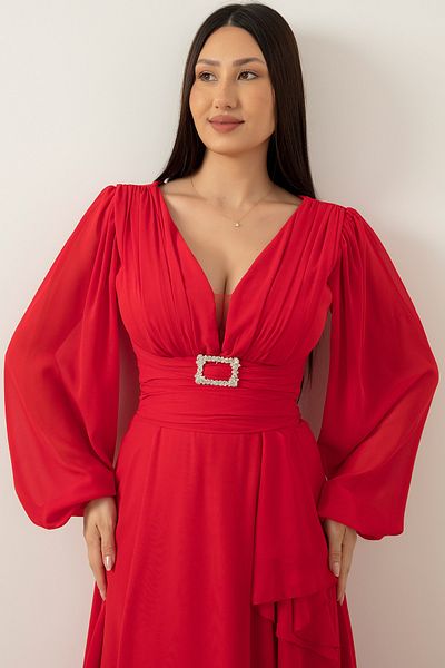 PULLIMM Long Sleeve Buckle Belt Chiffon Dress DNS1333