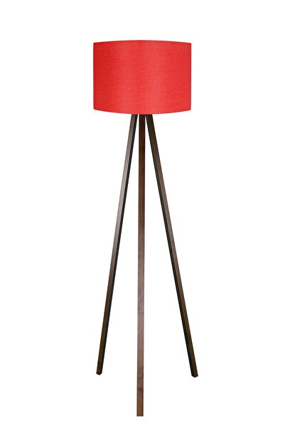 modamvip 3 Ayaklı Lambader Tripod Ayak Üç Ayaklı Abajur Yuvarlak Kumaş Kırmızı Başlık Kahverengi Ayak