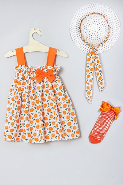 ADABEBEK Şapkalı Mandalina Desenli Elbise File Çorap Set 009