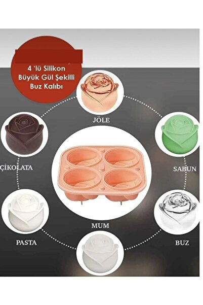 M Mimoza Park Mum Kalıbı Pratik 4'lü Silikon Büyük Gül Şekilli Buz Kalıbı | 4 Adet Silikon Gül Buz Kalıbı