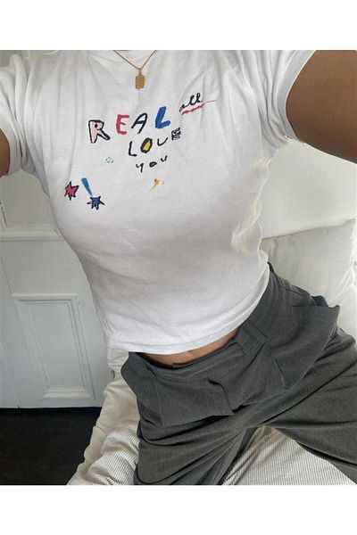 Touz Crop alb cu imprimeu Real Love - Blunt