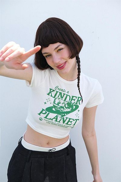 Touz White Crop - Blunt Blunt Create A Kinder Planet Printed