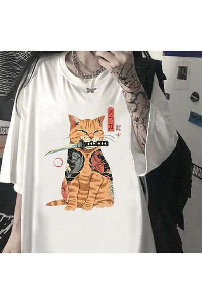 Touz Унисекс тениска с щампа на котка Thump Thump Killer - бяла, голям размер