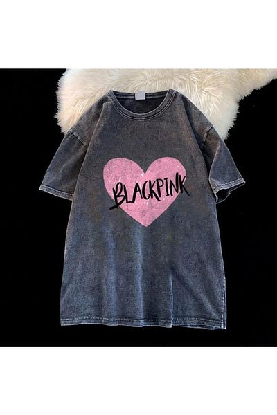 Touz Μπλουζάκι Unisex Vintage Μαύρο Ροζ Καρδιά που πλένεται
