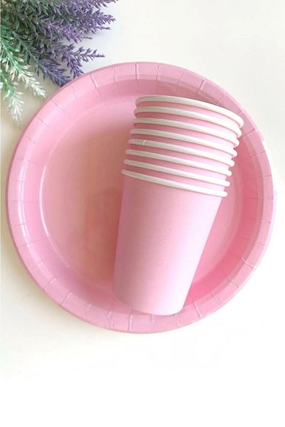 aşkın concept Pink Macaron Pastel Cardboard Plate Cup Set of 8 Party Supplies