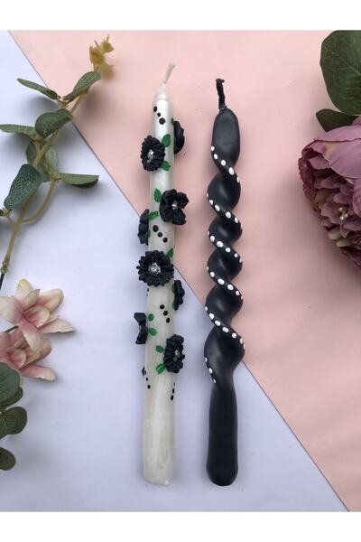 Elif Design 2’li el boyaması papatya ve çiçek desenli siyah beyaz şamdan burg...