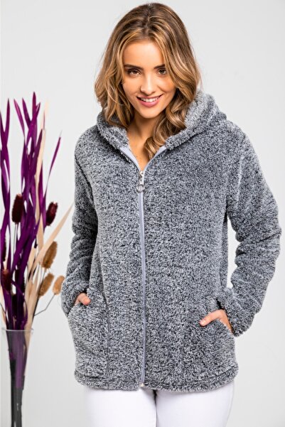 MODA VUSLAT Kadın Gri Fermuarlı Polar Hırka